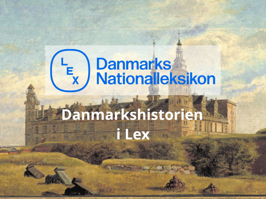 Collage af logoerne til Danmarkshistorien og Lex, sammen med maleri af Kronborg Slot. 
