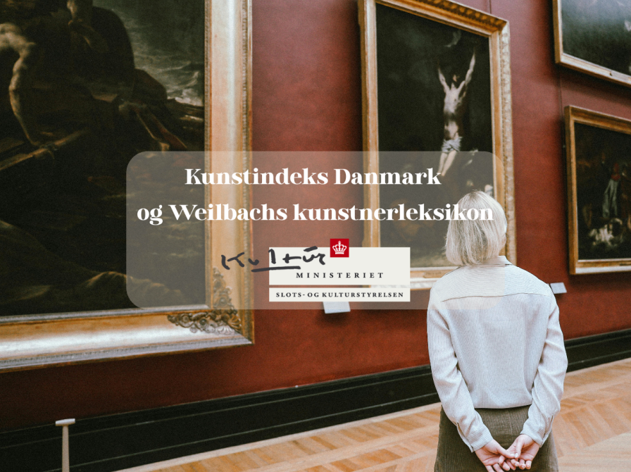 Foto af kvinde på museet. Tekst og logo til Slots- og kulturstyrelsen ovenpå. 